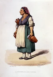 Kleingewerbe der Stadt Neapel: wandernde Verkäuferin von Schwefelwasser. Gravur nach einem Gemälde von F. Palizza. Aus einem Werk von Francesco de Bourcard „Costumi del regno di Napoli“
