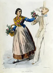 Kleingewerbe der Stadt Neapel: junge Floristin reicht einem eleganten Mann einen Blumenstrauß. Gravur nach einem Gemälde von F. Palizza. Aus einem Werk von Francesco de Bourcard „Costumi del regno di Napoli“