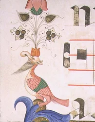 Missale 515 f.120v Grotesker Vogel mit menschlichem Kopf, Detail des dekorativen Randes aus einem Chorbuch vor 1449 (Pergament)