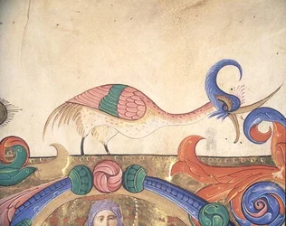 Fantastischer Vogel, Detail der Dekoration um eine historiierte Initiale aus einem Chorbuch vor 1449 (Pergament) (Detail)