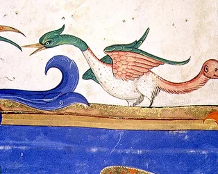 Missale 515, fol. 72v: Fantastischer Vogel mit affengesichtigem Schwanz, Detail aus einem vor 1449 ausgeführten Chorbuch (Detail von 56719)