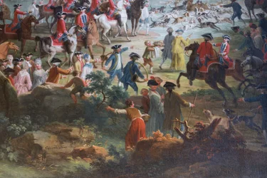 Hirschjagd (Caccia al cervo), von Vittorio Amedeo Cignaroli (1730-1800), Öl auf Leinwand, Saal der Knappen, Jagdresidenz, von Filippo Juvarra (1678-1736), Stupinigi, Piemont, Italien