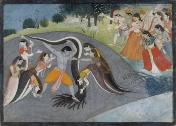 Krishna bezwingt Kaliya, den Schlangendämon: Folio aus einer Bhagavata Purana Serie