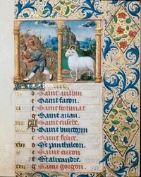 Kalender, Monat März, ein Bauer sät und der Widder (Seite aus einem Stundenbuch)