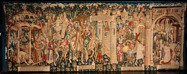 Kathedrale (La Seo, Catedral del Salvador de Zaragoza). Das Wandteppichmuseum. Flämischer Wandteppich. Die Legende vom Heiligen Kreuz (La leyenda de la Santa Cruz). Ca. 1450. 430x1120cm.