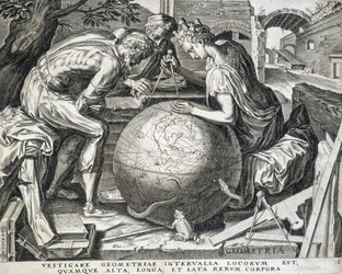 Charaktere, die sich über den Globus beugen mit Kompass (Allegorie der Geometrie) - Gravur, Flandern