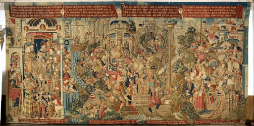 Flämischer Wandteppich. Der Raub der Helena (El Rapto de Helena/de schaking van Helena). ca. 1475-1495