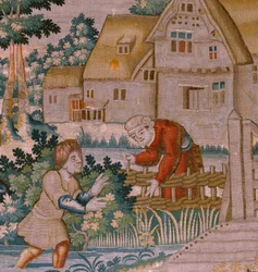 Flämischer Wandteppich. Händeklatschen. Atelier von Oudenaarde. 17. Jahrhundert.