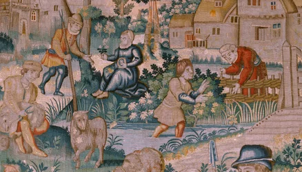 Flämischer Wandteppich. Händeklatschen. Atelier von Oudenaarde. 17. Jahrhundert.