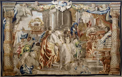 Flämischer Wandteppich. Serie Apotheose der Eucharistie. Opfer des mosaischen Gesetzes. Modell Cartoon kopiert von einem Original von Rubens. Brüsseler Herstellung. Herstellung durch Frans van den Hecke. Mitte 17. Jahrhundert