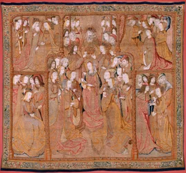 Flämische Tapisserie. Serie Hingabe an Unsere Liebe Frau oder Goldene Tücher. Die Krönung der Jungfrau. Vierter Wandteppich in der Serie. Modell Zeichner aus dem Kreis von Colyn de Coter. Herstellung Pieter van Aelst, Brüssel. Ca 1500-1515.