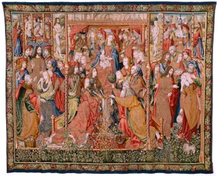 Flämischer Wandteppich. Serie Episoden aus dem Leben der Jungfrau Maria. Die Prophezeiungen erfüllen sich bei der Geburt Christi (Cumplimiento de las profecías en el nacimiento del Hijo de Dios). Erster Wandteppich der Serie. Modelle Jan von Roome (oder va