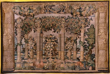 Flämischer Wandteppich. Serie Galerien mit Tieren oder Galerien von Spalieren. Zweiter der Serie. Seide und Wolle. 17. Jahrhundert.