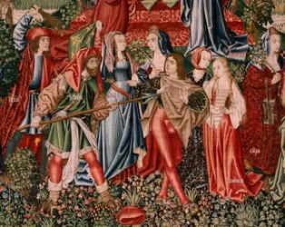 Flämischer Wandteppich. Serie Menschliche Erlösung oder Laster und Tugenden. Laster führen den Menschen zur Sünde. Zweiter Wandteppich der Serie (erster der in Palencia aufbewahrten). Brüsseler Herstellung, Werkstatt. Ca. 1510. Größe 425 x 800 cm. Stoff Wo