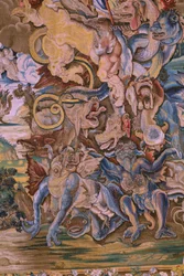 Flämischer Wandteppich. Serie Die Apokalypse: Der heilige Michael besiegt den Drachen. Atelier Willem Dermoyen, Brüssel. Ca. 1553-1555. (Detail)