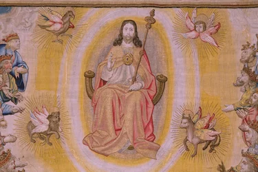 Flämischer Wandteppich. Serie Die Apokalypse: Der heilige Michael besiegt den Drachen. Atelier Willem Dermoyen, Brüssel. Ca. 1553-1555. (Detail)