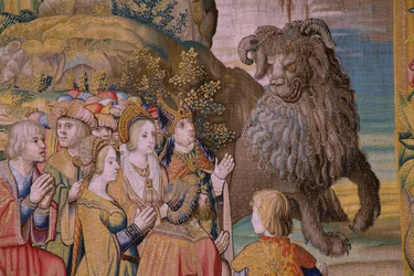 Flämischer Wandteppich. Serie Die Apokalypse: Der heilige Michael besiegt den Drachen. Atelier Willem Dermoyen, Brüssel. Ca. 1553-1555. (Detail)