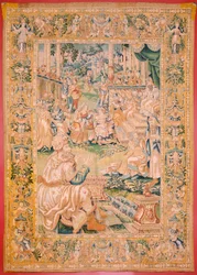 Flämischer Wandteppich. Serie Das Buch Judith. Rückkehr nach Betulia. Achter Wandteppich der Serie. Herstellung Niederlande, Brüssel(?). Zweite Hälfte des 16. Jahrhunderts. Stoff Wolle. Standort Kirche des Heiligen Nikolaus von Bari