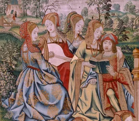 Flemischer Wandteppich. Serie Die Geschichte von David und Bathseba. Bathseba in ihrem Bad. Erstes Panel der Serie. Modell Anonym. Herstellung Unbekannt, Brüssel.