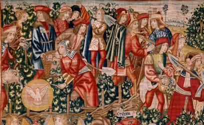 Serie Das Gleichnis von den Arbeitern im Weinberg. Die Zahlung des Denars. Zweiter Wandteppich der Serie. Herstellung Brüssel, Pieter van Aelsts Werkstätten (?). Ca 1500.
