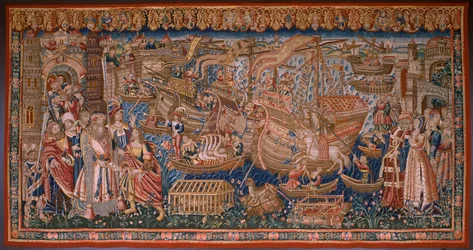 Flämischer Wandteppich. Serie Die Portugiesen in Indien: Die Ankunft in Calicut. Ca 1510. Sammlung Caixa Geral de Depósitos, Lissabon.