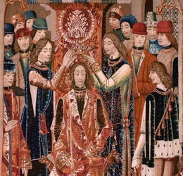 Flämischer Wandteppich. Unbekannte Serie. Römische Geschichte? Tarquinius Priscus (Tarquino Prisco). Herstellung in Brüsseler Werkstätten? Ca. 1475. Gewebe aus Wolle und Seide, 6 Kettfäden pro cm. Herkunft: Eine Schenkung des Grafen Alba de Aliste; sie