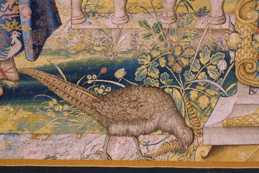 Flämischer Wandteppich. Serie Vertumnus und Pomona: Vertumnus verwandelt in einen Bauern. Atelier Willem de Pannemaker. Ca. 1545-1550. (Detail)