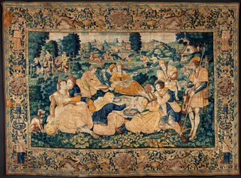 Flämischer Wandteppich. Das ländliche Mahl (Het landelijk maal). Atelier von Oudenaarde. 331x465cm. Iinv (83073)-8 / 00008. 17. Jahrhundert.