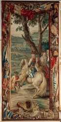 Palast. Flämischer Wandteppich. Brüsseler Atelier Judocus De Vos. Entwurf Lambert De Hondt. Maximilian II. Emanuel und zwei Infanteristen. Wolle und Seide. Ca. 1715 - 1724