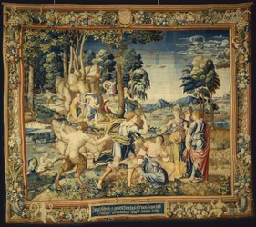 Pomona überrascht von Vertumnus und anderen Freiern, aus Die Geschichte von Vertumnus und Pomona, 1535-40