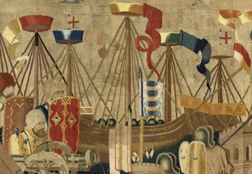 Wandteppich, der die Eroberungen von König Alfons V. von Portugal zeigt (Detail)
