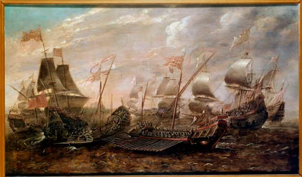 Die Unbesiegbare Armada. Seeschlacht, die die Niederlage der spanischen Armada gegen die englische Flotte im August 1588 sah, flämische Schule