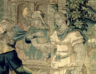 Die Töchter Jethros berichten ihrem Vater von ihrer Begegnung mit Moses (Detail)