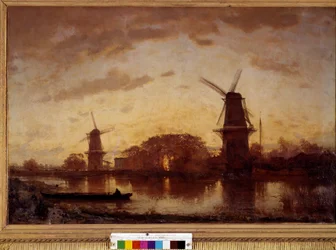 Die Ufer des Amstel-Flusses mit Mühlen in den Niederlanden