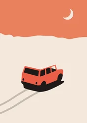 Rotes Auto in der Wüste mit Mond