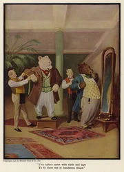 Zwei Schneider kamen mit Stoff und Maßband, um sie in eine schöne Form zu bringen