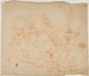 Putto schießt auf Putto zu Pferd