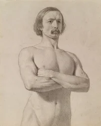 Akademische Aktstudie, Halbfigur mit Schnurrbart und verschränkten Armen, 1849