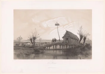 Moorlandschaft mit Kühen und Figuren bei einem Haus mit Brücke