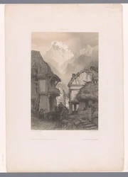 Ochsenkarren in einem Dorf am Fuße eines Berges (Erzählende Darstellungen)