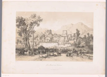 Blick auf ein Dorf mit Viehmarkt in einem Tal