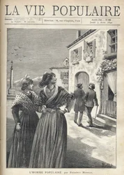 In den Straßen eines Dorfes in der Provence drehen sich zwei hübsche Frauen in provenzalischen Kleidern um, um einem Mann zu begegnen, der sich selbstbewusst ihren Blicken zuwendet. Illustration von Montegut für Der populäre Mann von Frédéric Mistral (1830