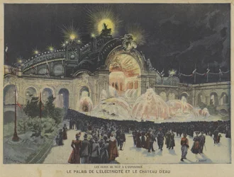 Der Palast der Elektrizität und das Wasserschloss bei Nacht, Weltausstellung 1900, Paris