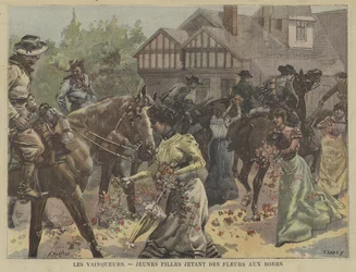 Junge Mädchen werfen Blumen auf siegreiche Buren-Truppen in Südafrika