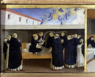 Der Tod des heiligen Dominikus (1221) - der untere Teil (die Predella) der „Krönung der Jungfrau“, der Christus am Grab und sechs Episoden aus dem Leben des heiligen Dominikus darstellt, des Gründers des Ordens, dem Angelico angehörte, von Guido di Pietro
