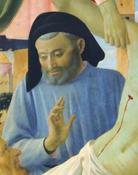 Architekt Michelozzo, Detail aus Die Kreuzabnahme oder der Altar der Heiligen Dreifaltigkeit, um 1432, von Giovanni da Fiesole bekannt als Fra Angelico