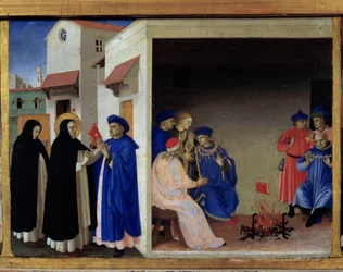 Predella der Marienkrönung: Das Wunder des Buches, das den Albigensern ins Feuer geworfen wird. Der heilige Dominikus widerlegt die katharische Häresie. Louvre, Paris