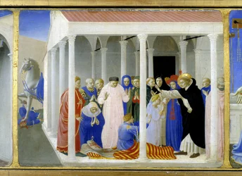 Der heilige Dominikus (1170-1221) erweckt Napoleone Orsini wieder zum Leben, der untere Teil (die Predella) der „Krönung der Jungfrau“, der Christus am Grab und sechs Episoden aus dem Leben des heiligen Dominikus darstellt, des Gründers des Ordens, dem