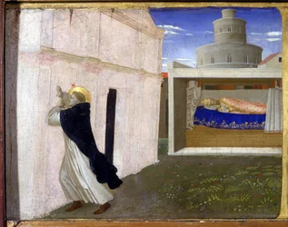 Der Traum von Innozenz III. - der untere Teil (die Predella) der „Krönung der Jungfrau“ zeigt Christus am Grab und sechs Episoden aus dem Leben der Heiligen Dominica, Gründerin des Ordens, zu dem der Angelicode gehörte, von Guido di Pietro (oder Fra Giovan