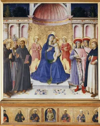 Jungfrau und Kind mit sechs Heiligen, St. Antonius von Padua, St. Ludwig von Toulouse, St. Franziskus, St. Cosmas und Damian, St. Peter von Verona. Bosco ai Frati Altarbild